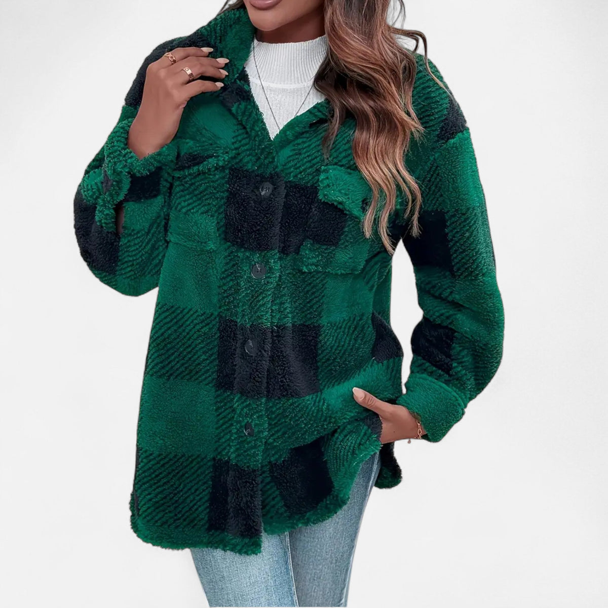 Women's Relaxed Sherpa Jacket — Checkered Button Closure 8