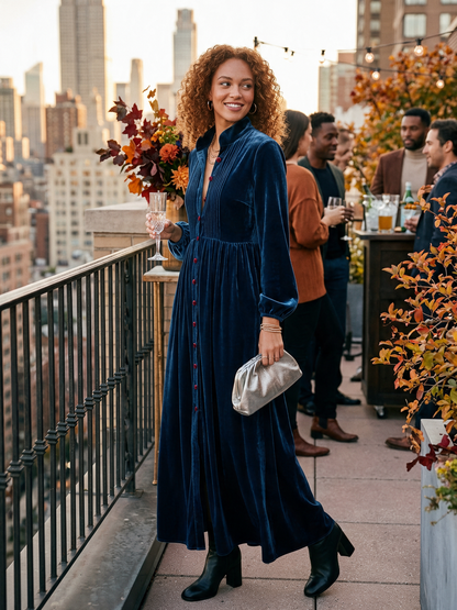Vintage Velvet Maxi Dress — Button Front Floor-Length Gown 3