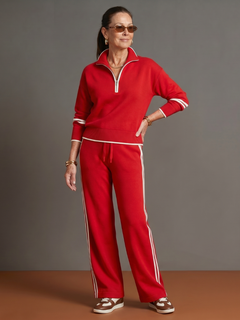 Relaxed Knit Pants Set — Zip Neckline & Side Stripe 9