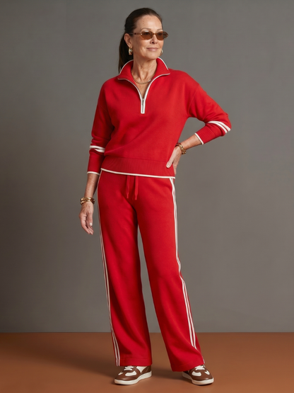 Relaxed Knit Pants Set — Zip Neckline & Side Stripe 9