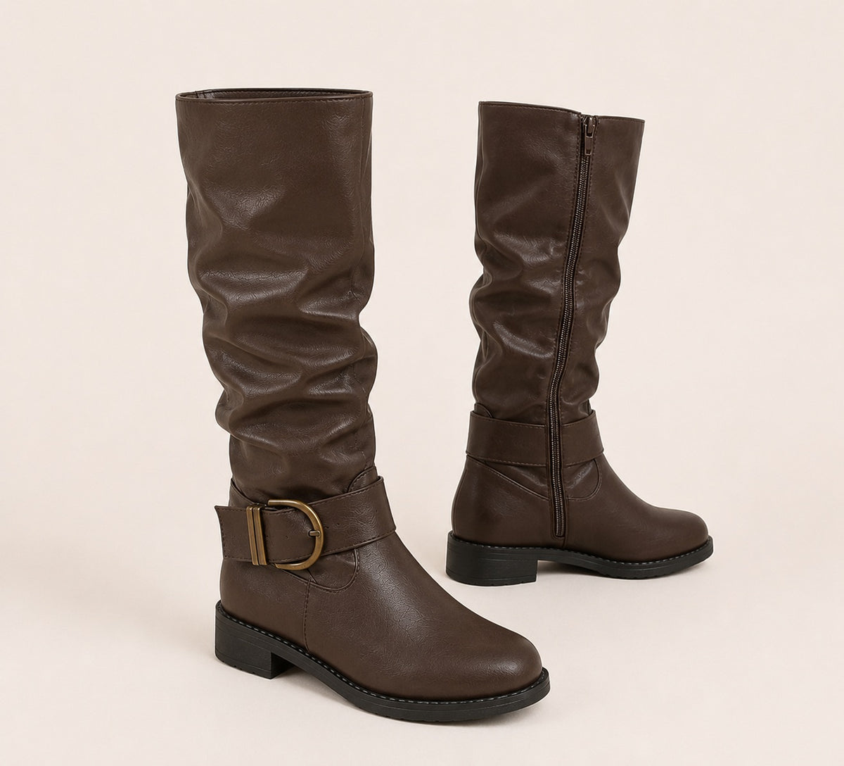 Women's Slouchy Knee-High Boots — Brown with Ankle Buckle