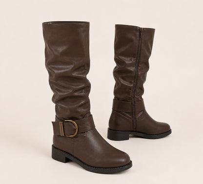 Women's Slouchy Knee-High Boots — Brown with Ankle Buckle