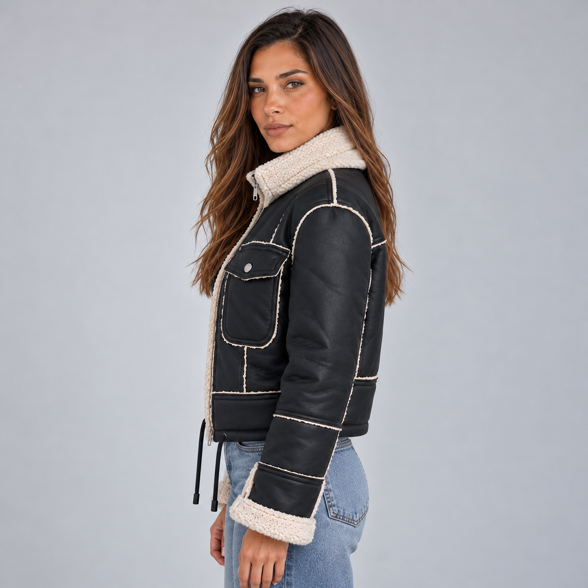 Women's Cropped Aviator Jacket — Faux Shearling Collar 2