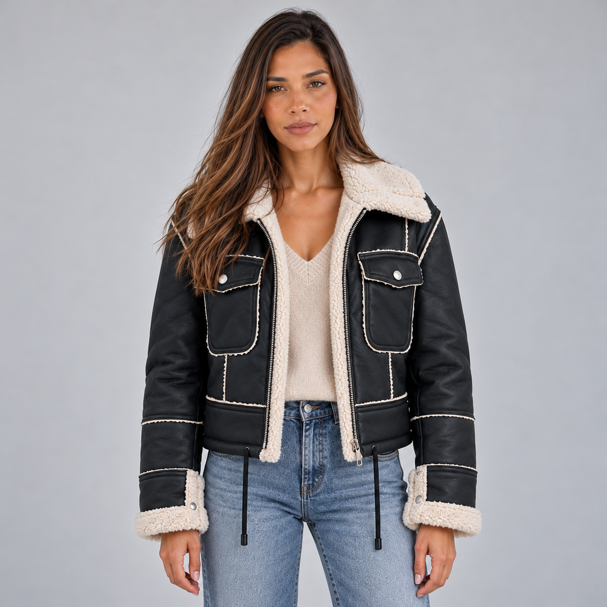 Women's Cropped Aviator Jacket — Faux Shearling Collar 1