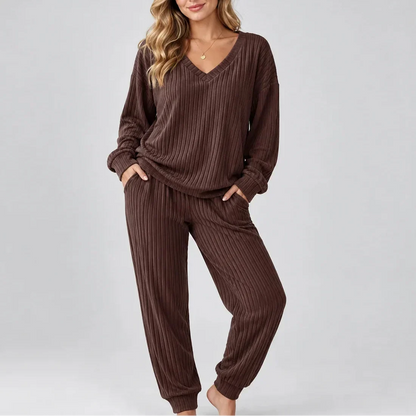 V-Neck Ribbed Lounge Set — Women's Two-Piece Matching Set 1