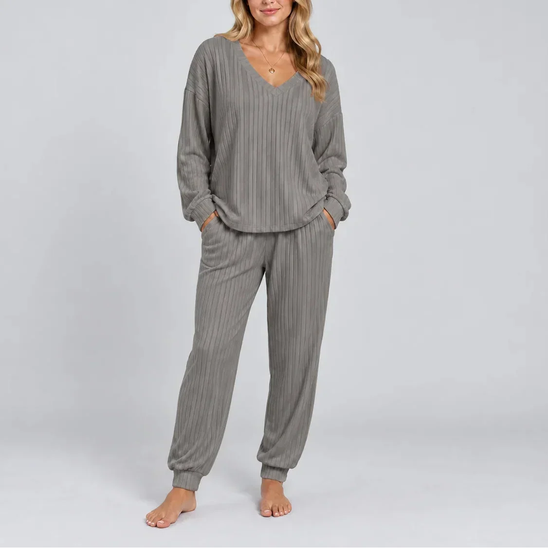 V-Neck Ribbed Lounge Set — Women's Two-Piece Matching Set 9