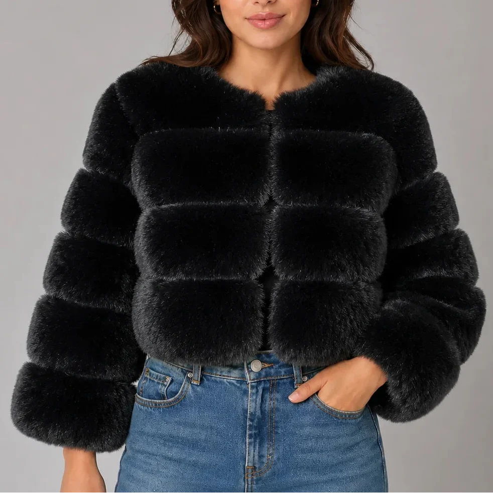 Women's Cropped Faux Fur Coat — Fluffy Round Neck Style 6