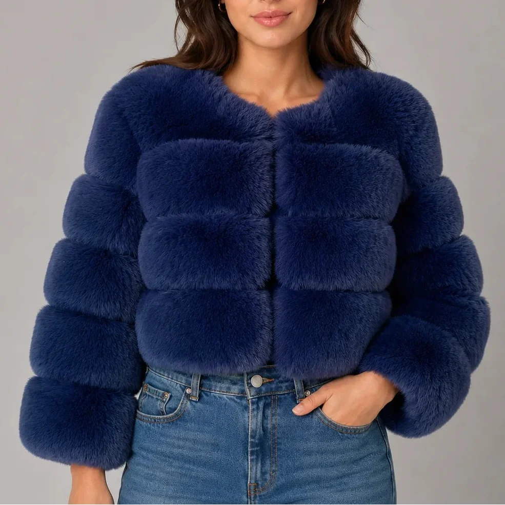 Women's Cropped Faux Fur Coat — Fluffy Round Neck Style 8