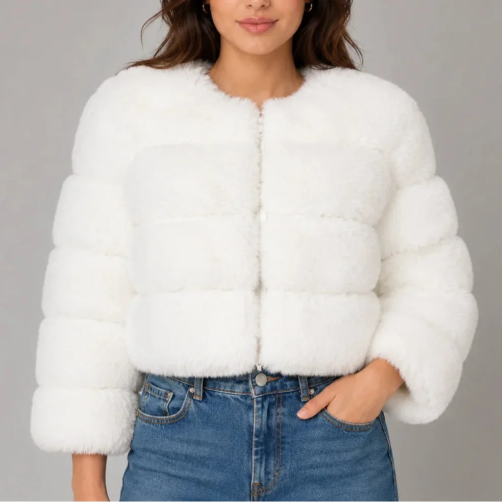 Women's Cropped Faux Fur Coat — Fluffy Round Neck Style 9
