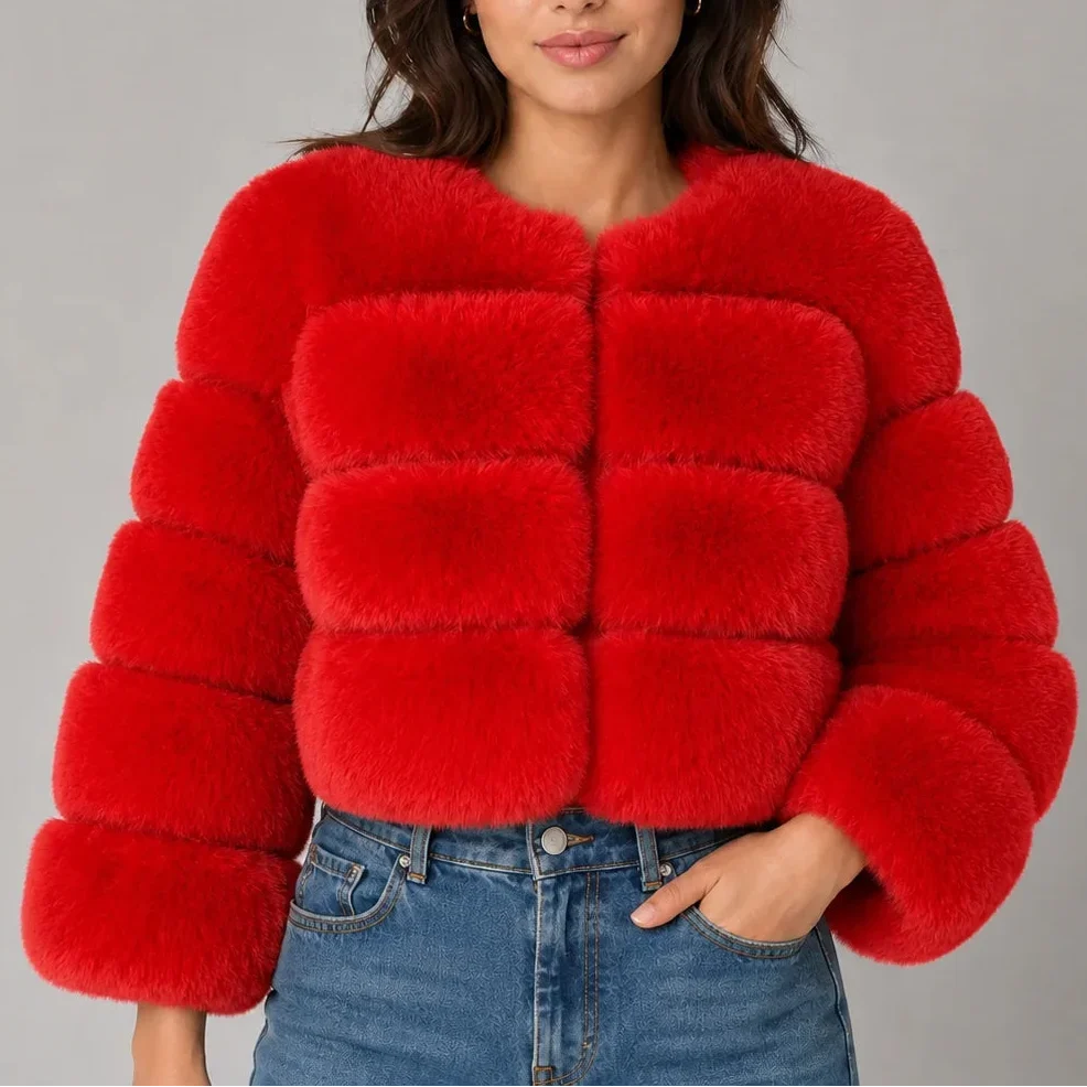 Women's Cropped Faux Fur Coat — Fluffy Round Neck Style 10