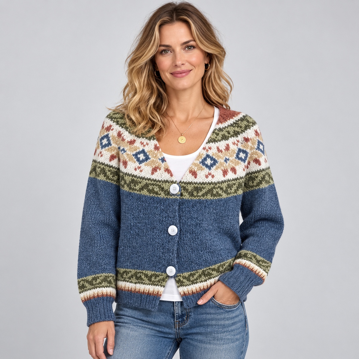 Women's Fair Isle Cardigan — Button Front V-Neck Knit 1