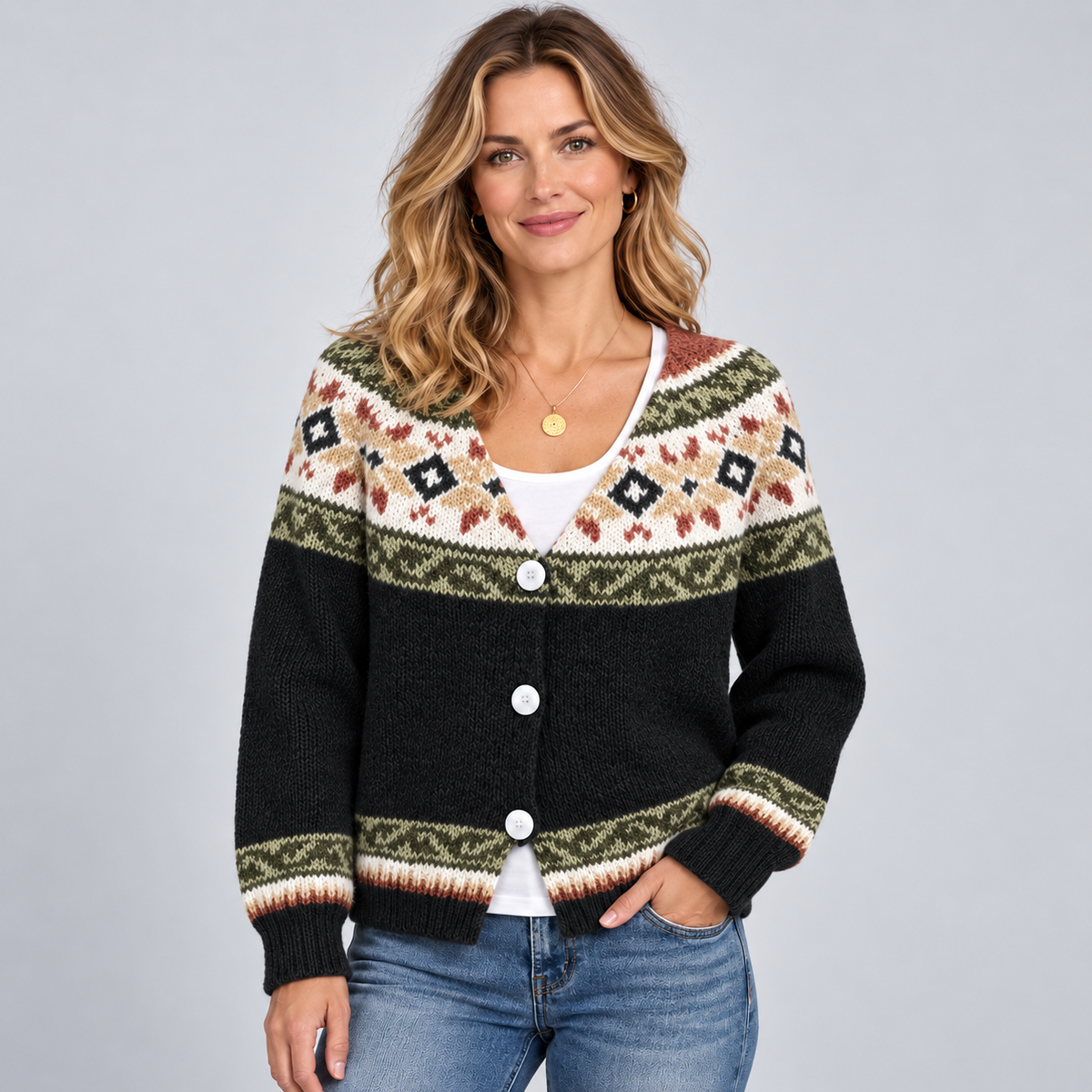 Women's Fair Isle Cardigan — Button Front V-Neck Knit 6