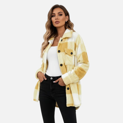 Women's Relaxed Sherpa Jacket — Checkered Button Closure 3