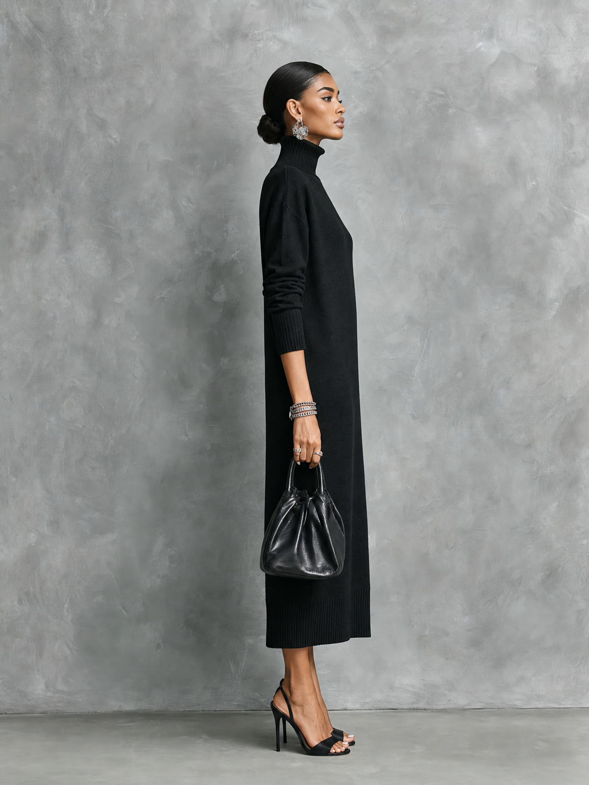 Knitted Turtleneck Midi Dress — Long Sleeve Loose Fit 5