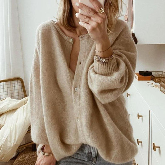 Oversized Brown Knit Cardigan — Soft Fuzzy Button Front 1