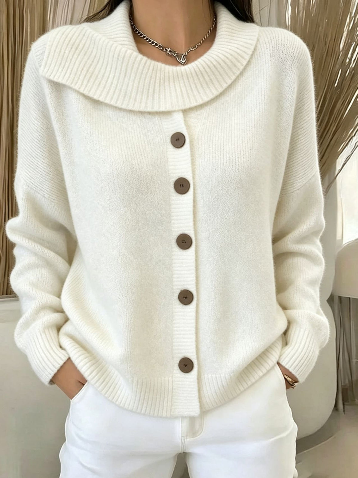 Women's Button-Front Knit Cardigan — Lapel Collar Sweater 2