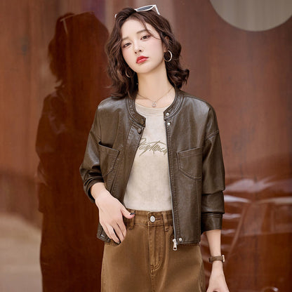 Women's Faux Leather Jacket — Zip-Up Stand Collar Cropped PU Coat 3