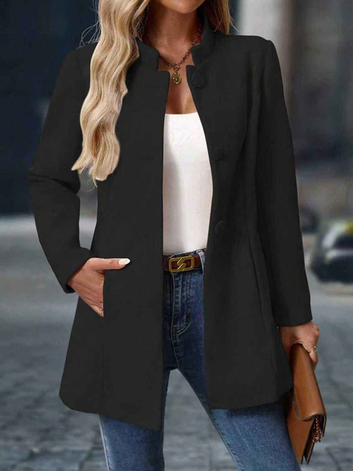 Women's Stand Collar Long Coat with Side Pockets 7