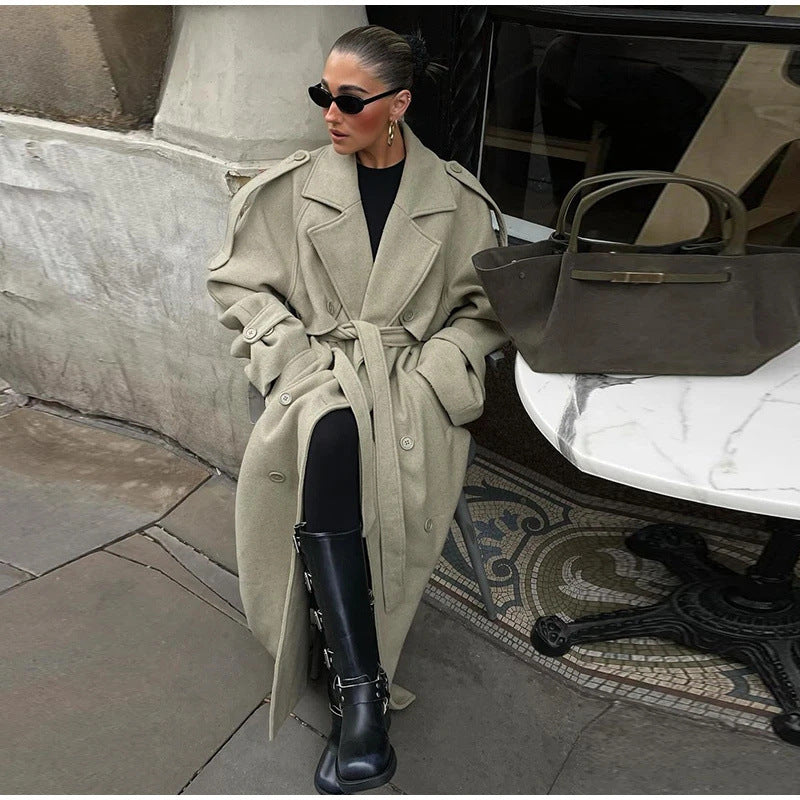 Women's Scarf-Detail Long Coat — Waist-Fitted Single-Breasted 2