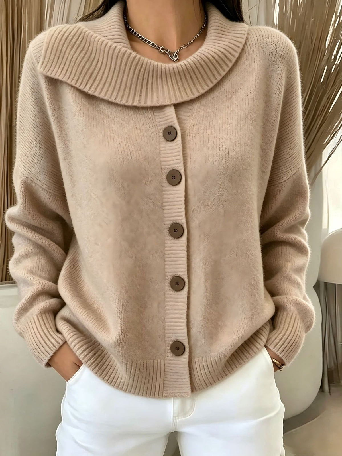 Women's Button-Front Knit Cardigan — Lapel Collar Sweater 1