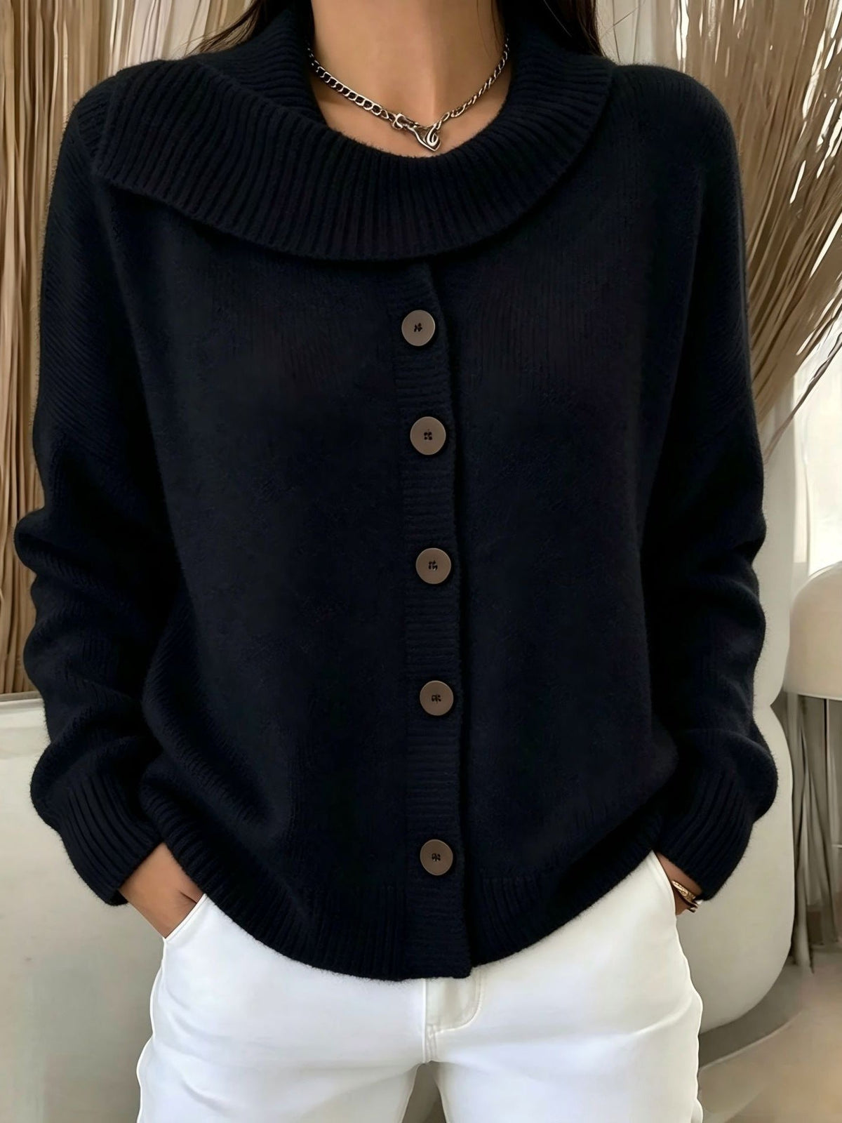 Women's Button-Front Knit Cardigan — Lapel Collar Sweater 4