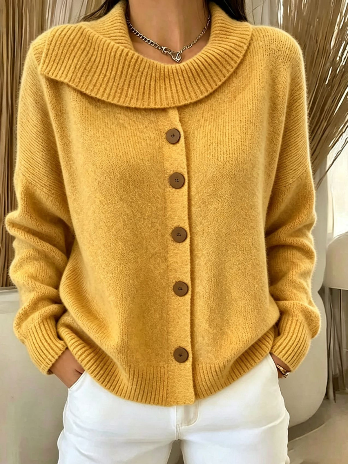 Women's Button-Front Knit Cardigan — Lapel Collar Sweater 3