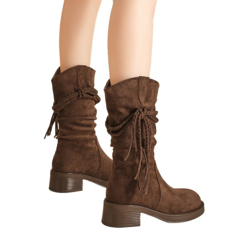 Women's Fringe Tall Boots — Block Heel Suede Slip-On 5