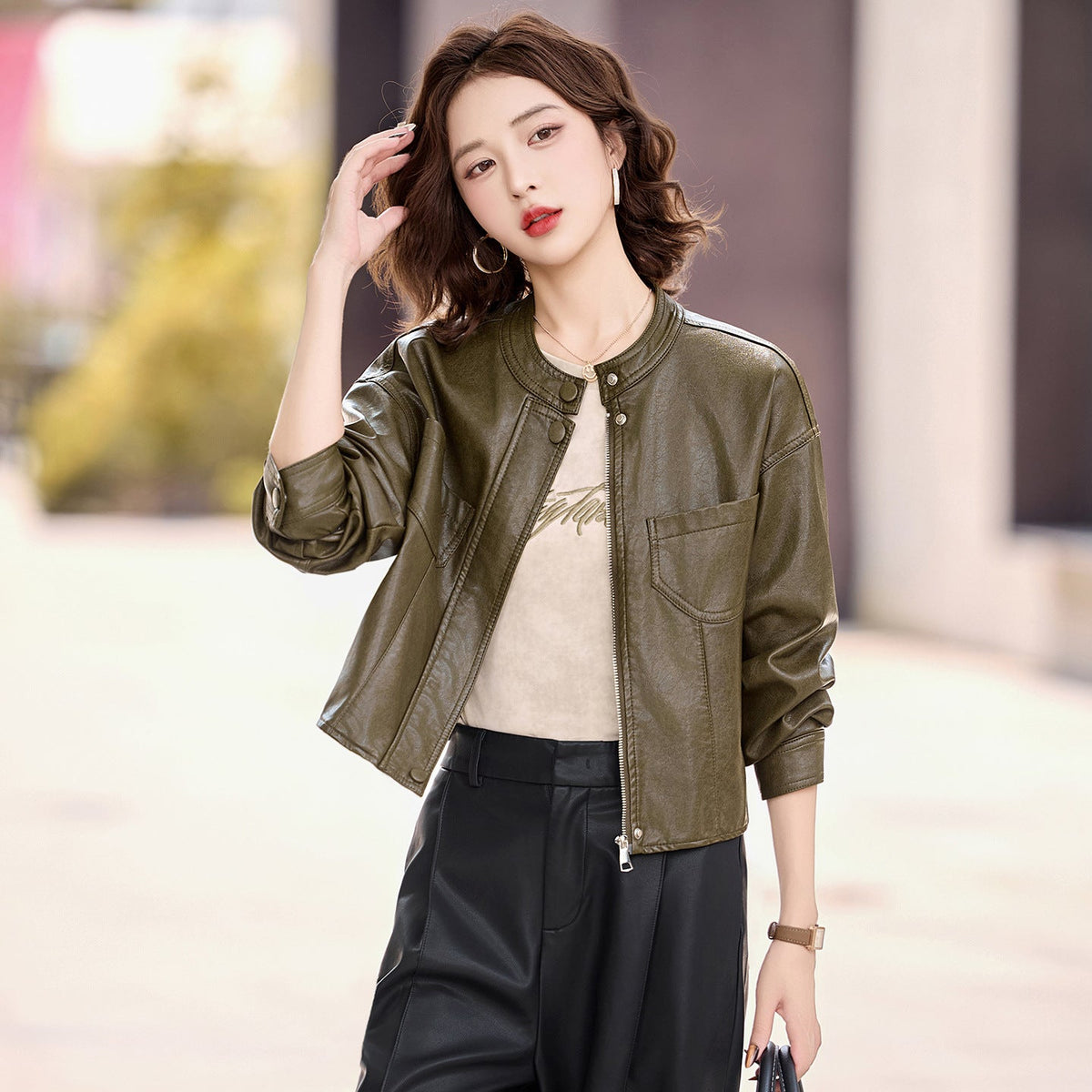 Women's Faux Leather Jacket — Zip-Up Stand Collar Cropped PU Coat 1