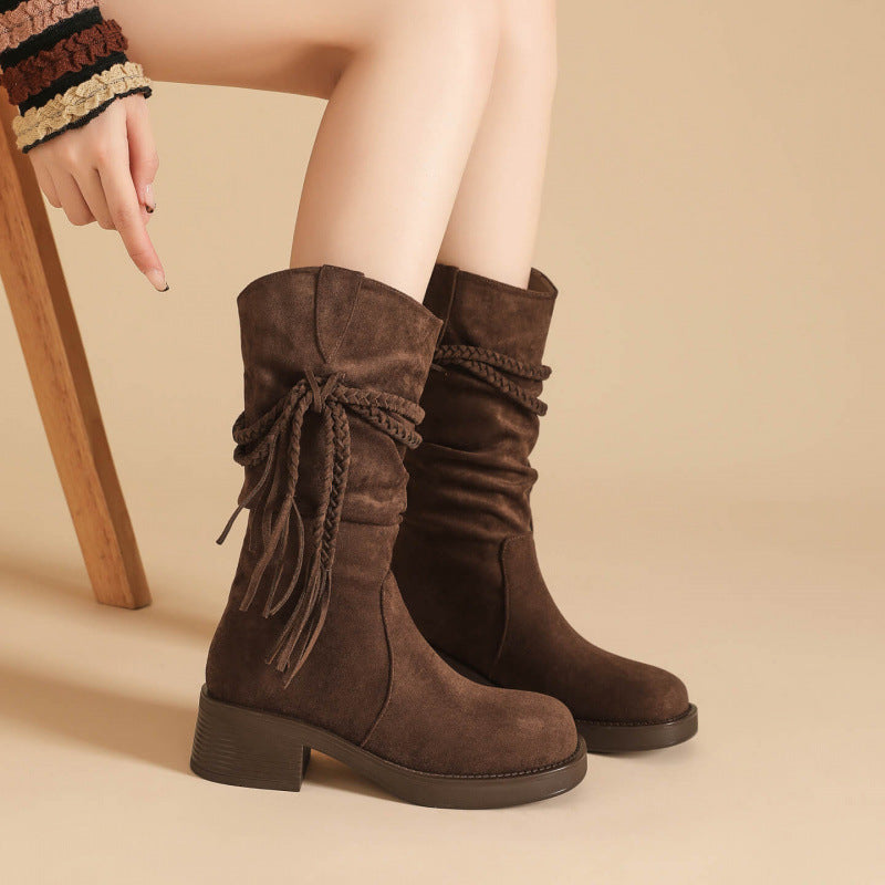 Women's Fringe Tall Boots — Block Heel Suede Slip-On 1