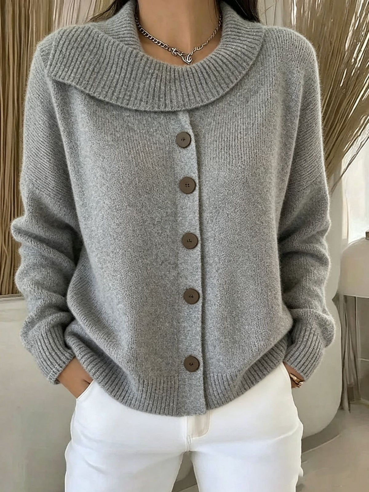 Women's Button-Front Knit Cardigan — Lapel Collar Sweater 5