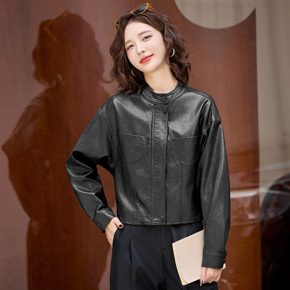 Women's Faux Leather Jacket — Zip-Up Stand Collar Cropped PU Coat 2