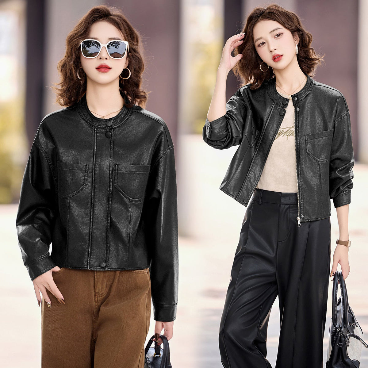 Women's Faux Leather Jacket — Zip-Up Stand Collar Cropped PU Coat 6