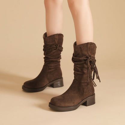 Women's Fringe Tall Boots — Block Heel Suede Slip-On 4