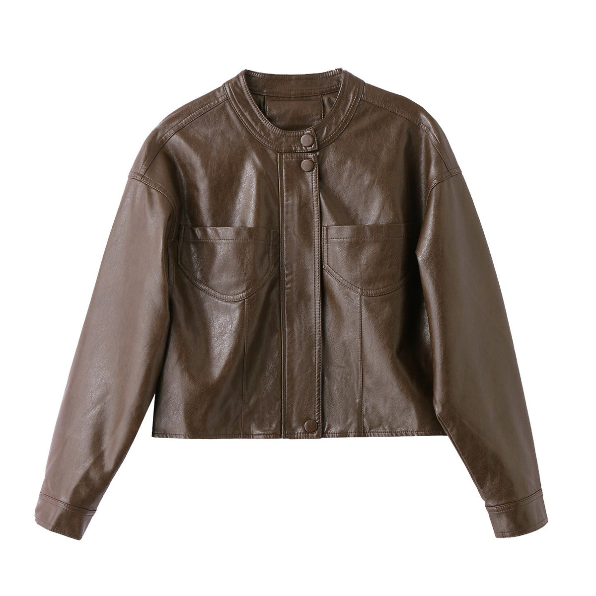 Women's Faux Leather Jacket — Zip-Up Stand Collar Cropped PU Coat 5