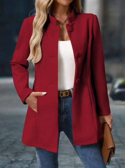 Women's Stand Collar Long Coat with Side Pockets 8
