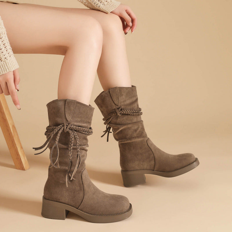 Women's Fringe Tall Boots — Block Heel Suede Slip-On 2