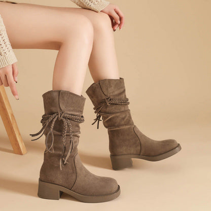 Women's Fringe Tall Boots — Block Heel Suede Slip-On 2