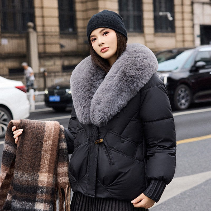 Chenille Short Puffer Jacket — Detachable Faux Fur Collar 8