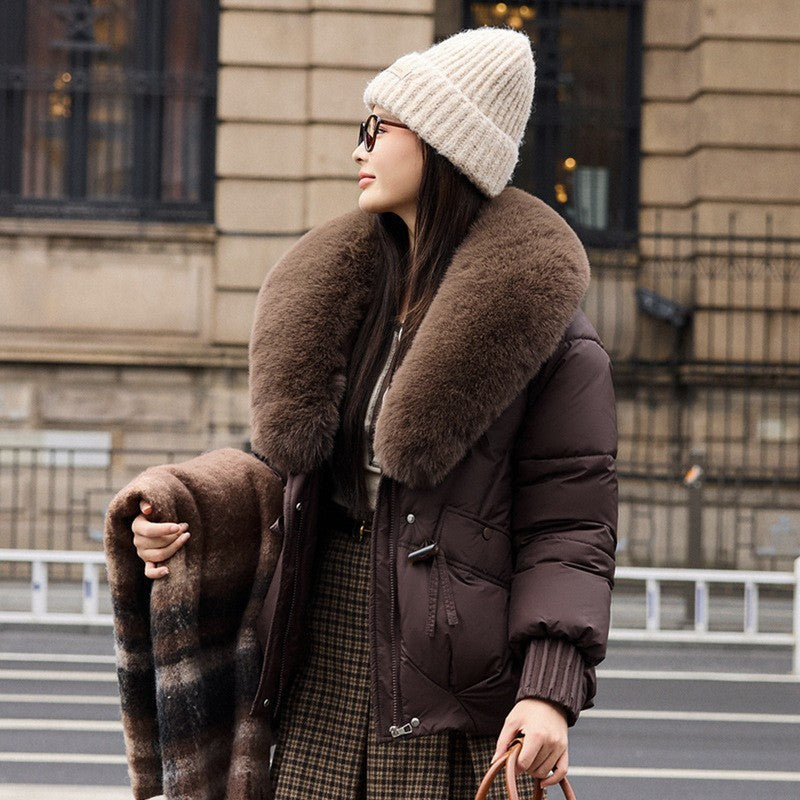 Chenille Short Puffer Jacket — Detachable Faux Fur Collar 11