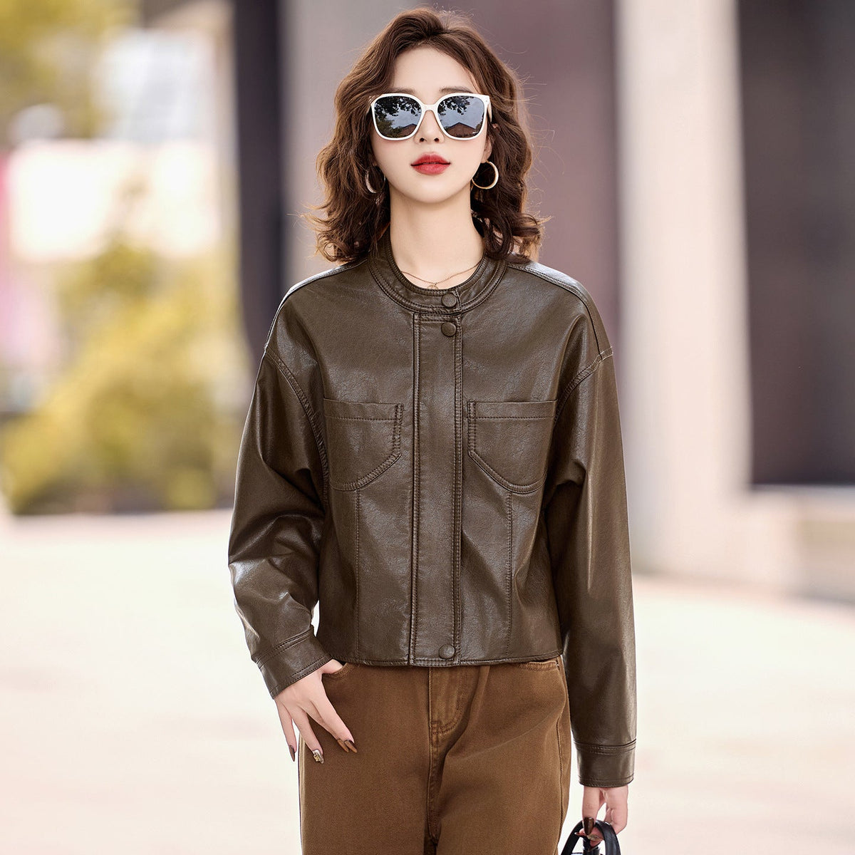 Women's Faux Leather Jacket — Zip-Up Stand Collar Cropped PU Coat 4