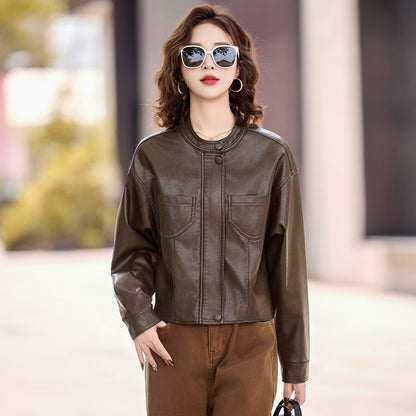 Women's Faux Leather Jacket — Zip-Up Stand Collar Cropped PU Coat 4