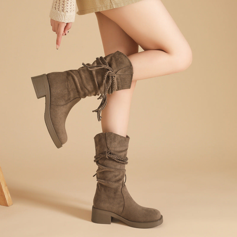 Women's Fringe Tall Boots — Block Heel Suede Slip-On 3