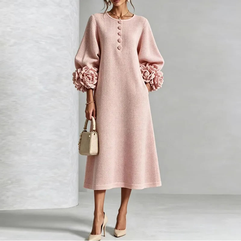 Waffle Knit Midi Dress — Button Front & 3D Floral Cuffs 6