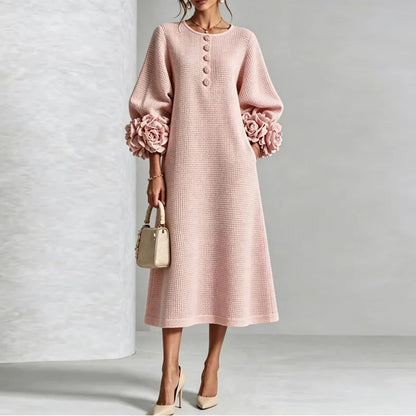 Waffle Knit Midi Dress — Button Front & 3D Floral Cuffs 6