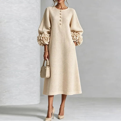 Waffle Knit Midi Dress — Button Front & 3D Floral Cuffs 7