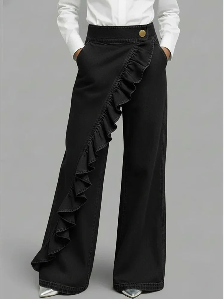Asymmetrical Ruffle Wide Leg Jeans — High-Rise Denim 5