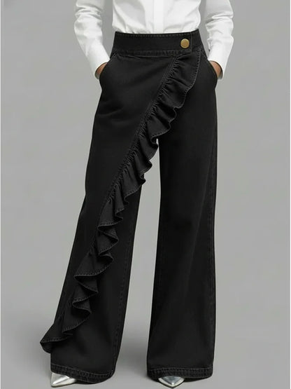 Asymmetrical Ruffle Wide Leg Jeans — High-Rise Denim 5