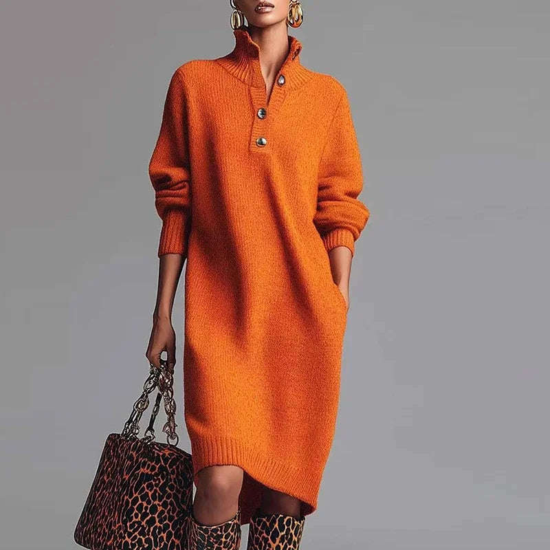 Knit Midi Dress - V Neck Button Front with Side Pockets 1