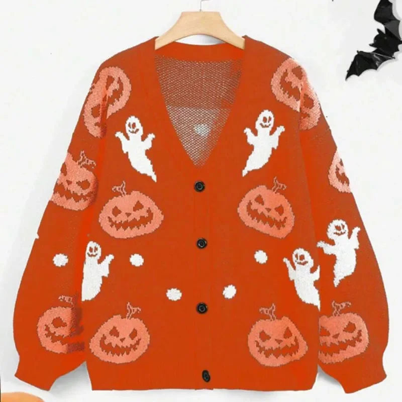 Pumpkin Ghost Halloween Cardigan — V-Neck Button Front 2