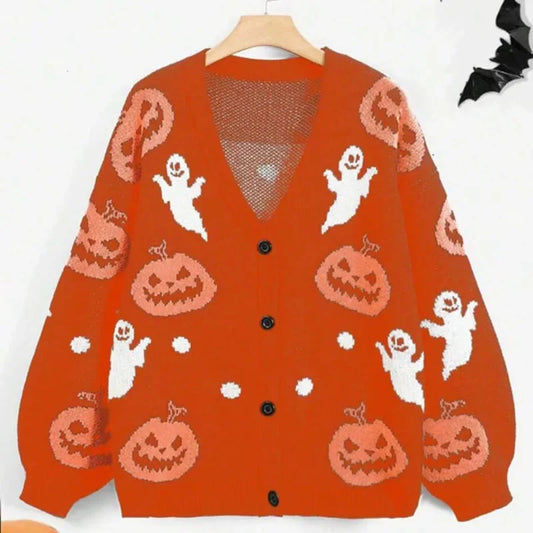 Pumpkin Ghost Halloween Cardigan — V-Neck Button Front 2
